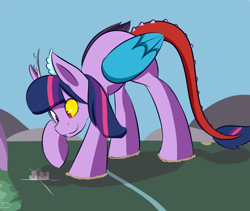 Size: 1000x844 | Tagged: safe, artist:mrrowboat, character:twilight sparkle, species:pony, city, discord sparkle, giant pony, macro, mega twilight sparkle, solo focus