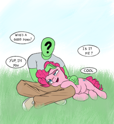 Size: 720x785 | Tagged: safe, artist:trickydick, character:pinkie pie, oc, oc:anon, species:earth pony, species:human, species:pony, cute, dialogue, diapinkes, ear scratch, female, human on pony petting, male, mare, open mouth, petting, who's a good pony