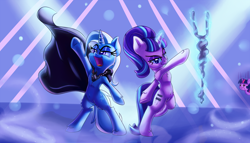 Size: 4000x2291 | Tagged: safe, artist:discorded, character:starlight glimmer, character:trixie, character:twilight sparkle, species:pony, species:unicorn, ship:startrix, absurd resolution, alicorn amulet, angry, armpits, cape, clothing, female, lesbian, levitation, magic, mare, open mouth, s5 starlight, shipping, staff, staff of sameness, telekinesis