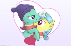 Size: 1700x1100 | Tagged: safe, artist:bluemeganium, character:lemon hearts, species:earth pony, species:pony, episode:a hearth's warming tail, g4, my little pony: friendship is magic, autumn leaf, awwtumn leaf, background pony, clothing, cute, hat, heart, hug, lemonbetes, lemonleaf, male, open mouth, scarf, shared clothing, shared scarf, shipping, simple background, stallion, straight, white background