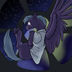 Size: 1000x1000 | Tagged: safe, artist:foxenawolf, oc, oc only, species:pegasus, species:pony, fanfic:the last pony on earth, clothing, fanfic art, flying, hooves, male, night, night sky, orbit, pilot, ponies after people, safe landings, sky, solo, spread wings, stallion, stars, wings, zero gravity
