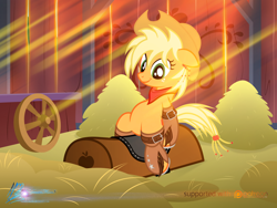 Size: 1000x750 | Tagged: safe, artist:nightmaremoons, character:applejack, alternate hairstyle, bandana, barn, chaps, crepuscular rays, cute, female, patreon, patreon logo, pommel horse, saddle, solo