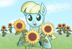 Size: 1489x1025 | Tagged: safe, artist:bluemeganium, character:helia, species:pegasus, species:pony, g4, cute, featured on derpibooru, female, flower, freckles, grass, heliadorable, looking at you, mare, open mouth, prone, smiling, solo, sunflower