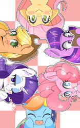 Size: 1195x1920 | Tagged: safe, artist:braffy, character:applejack, character:fluttershy, character:pinkie pie, character:rainbow dash, character:rarity, character:twilight sparkle, blush sticker, blushing, book, checkered background, colored pupils, cute, eyes closed, glasses, heart, looking at you, mane six, one eye closed, tongue out, wink