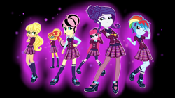 Size: 4525x2545 | Tagged: safe, artist:mixiepie, character:applejack, character:fluttershy, character:pinkie pie, character:rainbow dash, character:rarity, character:sunset shimmer, equestria girls:friendship games, g4, my little pony: equestria girls, my little pony:equestria girls, absurd resolution, alternate universe, book, bracelet, clothing, crossed arms, crystal prep academy, crystal prep academy uniform, crystal prep shadowbolts, emoshy, freckles, glasses, group, headphones, high heels, necktie, pleated skirt, raised leg, school uniform, shadowbolt dash, skirt, smiling, wink