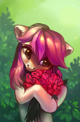 Size: 758x1164 | Tagged: safe, artist:share dast, character:roseluck, species:earth pony, species:pony, g4, bipedal, bouquet, bust, colored eyebrows, cute, ear fluff, eyebrows, featured on derpibooru, female, floppy ears, flower, hoof hold, hug, mare, portrait, rose, solo, weapons-grade cute