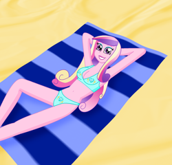 Size: 1928x1852 | Tagged: safe, artist:cyber-murph, character:dean cadance, character:princess cadance, equestria girls:friendship games, g4, my little pony: equestria girls, my little pony:equestria girls, armpits, bad anatomy, beach, beautiful, bedroom eyes, belly button, bikini, blanket, blue eyeshadow, breasts, busty princess cadance, cleavage, clothing, cute, cutedance, eyeshadow, female, legs, lipstick, lying down, makeup, midriff, on back, pink eyes, pink hair, pink lipstick, small head, smiling, solo, swimsuit, towel, woman