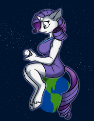 Size: 700x906 | Tagged: safe, artist:foxenawolf, part of a set, character:rarity, species:anthro, species:unguligrade anthro, comic:worldly rarity, breasts, busty rarity, earth, female, giantess, growth, macro, mega rarity, moon, planet, pony bigger than a planet, solo, tangible heavenly object