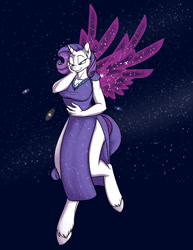 Size: 700x906 | Tagged: safe, artist:foxenawolf, part of a set, character:rarity, species:anthro, species:unguligrade anthro, comic:worldly rarity, artificial wings, augmented, breasts, busty rarity, cleavage, female, galaxy, giantess, goddess, growth, macro, magic, magic wings, mega rarity, planet, pony bigger than a galaxy, pony bigger than a planet, race swap, solo, space, wings