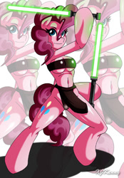Size: 600x860 | Tagged: safe, artist:xjkenny, character:pinkie pie, species:anthro, species:earth pony, species:pony, species:unguligrade anthro, arm hooves, bikini, breasts, busty pinkie pie, clothing, crossover, female, hoof hold, jedi, lightsaber, mare, midriff, solo, star wars, swimsuit, weapon, zoom layer