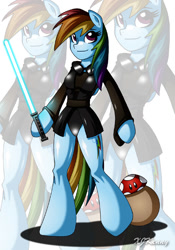 Size: 600x856 | Tagged: safe, artist:xjkenny, character:rainbow dash, species:anthro, species:pegasus, species:pony, species:unguligrade anthro, anatomically incorrect, arm hooves, breasts, busty rainbow dash, crossover, female, hoof hold, incorrect leg anatomy, jedi, lightsaber, luke skywalker, mare, mushroom, solo, star wars, weapon, zoom layer