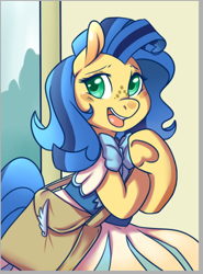 Size: 422x570 | Tagged: safe, artist:mlpfwb, oc, oc only, oc:milky way, species:pony, clothing, dress, female, mare, messenger bag, solo