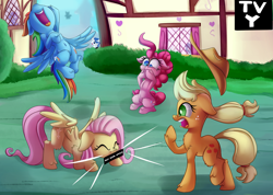 Size: 3000x2132 | Tagged: safe, artist:discorded, character:applejack, character:fancypants, character:fluttershy, character:pinkie pie, character:rainbow dash, species:earth pony, species:pegasus, species:pony, species:unicorn, episode:flutter brutter, g4, my little pony: friendship is magic, belly button, buy some apples, censor bar, censored, censored dialogue, censored vulgarity, clothing, covering, cowboy hat, eyes closed, face down ass up, female, floating, floppy ears, fluffy, freckles, frown, hat, laughing, male, mare, mismatched eyes, nose in the air, nose wrinkle, novelty censor, open mouth, peeved, ponyville, raised hoof, raised leg, shocked, sitting, smiling, spread wings, stallion, stetson, tv rating, tv-y, unshorn fetlocks, vulgar, wide eyes, wind, windswept mane, wings, yelling