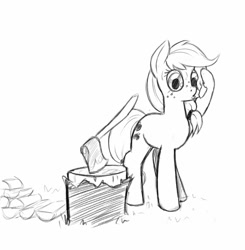Size: 1256x1280 | Tagged: safe, artist:trickydick, character:applejack, axe, chopping block, female, monochrome, sketch, solo, sweat, weapon, wood