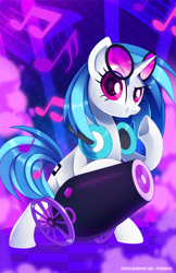 Size: 588x909 | Tagged: safe, artist:pepooni, character:dj pon-3, character:vinyl scratch, species:pony, species:unicorn, bass cannon, cutie mark, female, headphones, hooves, horn, mare, music notes, smiling, solo, sunglasses, teeth