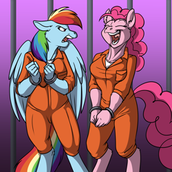 Size: 3300x3300 | Tagged: safe, artist:foxenawolf, character:pinkie pie, character:rainbow dash, species:anthro, species:unguligrade anthro, clothing, cuffs, duo, eyes closed, floppy ears, laughing, open mouth, prison, prison outfit, prisoner, prisoner pp, prisoner rd, smiling, unamused, wings