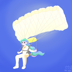 Size: 2500x2500 | Tagged: safe, alternate version, artist:phallen1, character:princess celestia, character:principal celestia, my little pony:equestria girls, bright, clothing, female, jumpsuit, parachute, ponytail, recolor, skydiving, solo, summer sun celebration, sun, white