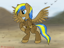 Size: 3961x3000 | Tagged: safe, artist:orang111, oc, oc only, oc:rack redstar, species:pegasus, species:pony, afghanistan, airborne, bipedal, clothing, desert, helicopter, military, military uniform, mountain, requested art, solo, soviet, soviet pony, soviet russia, soviet union, uniform