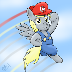 Size: 1200x1200 | Tagged: safe, artist:phallen1, character:derpy hooves, box art, clothing, cosplay, costume, female, jumping, mario, nintendo, solo, super mario bros., super mario bros. 2
