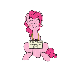 Size: 1200x1096 | Tagged: safe, anonymous artist, artist:trickydick, edit, character:pinkie pie, species:earth pony, species:pony, blatant lies, blush sticker, blushing, color edit, colored, cute, diapinkes, eyes closed, female, happy, pony pet, pony shaming, sign, simple background, sitting, smiling, solo, warning, white background