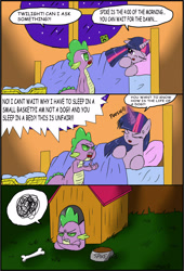 Size: 2137x3142 | Tagged: safe, artist:ciriliko, character:spike, character:twilight sparkle, comic, creeper, doghouse, engrish
