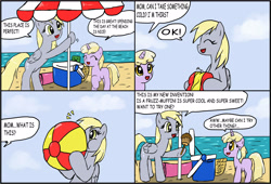 Size: 3101x2107 | Tagged: safe, artist:ciriliko, character:derpy hooves, character:dinky hooves, species:pegasus, species:pony, air nozzle, beach, beach ball, blowing, comic, creeper, engrish, female, food, grammar error, inflating, mare, muffin, puffy cheeks
