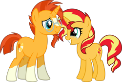 Size: 5310x3544 | Tagged: safe, artist:osipush, character:sunburst, character:sunset shimmer, species:pony, species:unicorn, absurd resolution, cousins, crying, cute, duo, facial hair, female, glasses, goatee, grin, headcanon, male, missing accessory, reunion, simple background, smiling, socks (coat marking), sunny siblings, tears of joy, teary eyes, transparent background, trash, vector