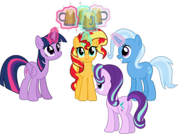 Size: 5604x4223 | Tagged: safe, artist:osipush, character:starlight glimmer, character:sunset shimmer, character:trixie, character:twilight sparkle, character:twilight sparkle (alicorn), species:alicorn, species:pony, species:unicorn, absurd resolution, cider, commission, crossover, magic, magical quartet, magical quintet, magical trio, mug, plot, toast, twilight's counterparts