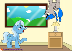 Size: 1400x1000 | Tagged: safe, artist:spritepony, character:trixie, oc, oc:sprite, species:alicorn, species:pony, alicorn oc, confused, standing on the ceiling