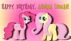 Size: 3631x2080 | Tagged: safe, artist:cyber-murph, character:fluttershy, character:pinkie pie, andrea libman, happy birthday, tribute