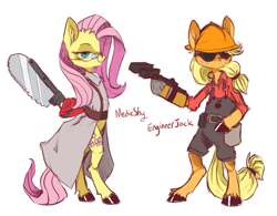 Size: 1413x1101 | Tagged: safe, artist:xenon, character:applejack, character:fluttershy, crossover, engiejack, engineer, fluttermedic, glasses, medic, semi-anthro, team fortress 2