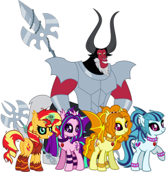 Size: 4500x4600 | Tagged: safe, artist:ggalleonalliance, artist:osipush, character:adagio dazzle, character:aria blaze, character:lord tirek, character:sonata dusk, character:sunset shimmer, species:bat pony, species:pony, species:unicorn, absurd resolution, alternate hairstyle, armor, bat wings, bracelet, choker, glowing horn, heroes of might and magic, jewelry, lance, messy mane, necklace, ponies of flight and magic, ponified, slit eyes, spear, spiked choker, spiked wristband, the dazzlings, tribes from tatarus, weapon