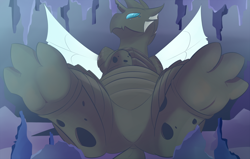 Size: 1280x813 | Tagged: safe, artist:mrrowboat, oc, oc only, oc:clutch mother, species:changeling, behemoth, changeling behemoth, feet, female, foot fetish, foot focus, offscreen character, on back, paws, pov, sitting, solo
