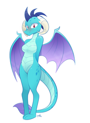 Size: 2566x3510 | Tagged: safe, artist:b-epon, character:princess ember, species:anthro, species:dragon, blushing, breasts, busty princess ember, cute, emberbetes, featureless breasts, featureless crotch, female, solo