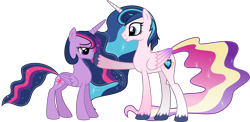 Size: 6186x3031 | Tagged: safe, artist:osipush, character:princess cadance, character:shining armor, character:twilight sparkle, character:twilight sparkle (alicorn), species:alicorn, species:pony, ship:shiningcadance, ambiguous gender, boop, duo, ethereal mane, female, fusion, gradient hair, male, older, older twilight, shipping, siblings, simple background, straight, transparent background, ultimate twilight, vector