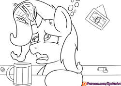 Size: 1400x1000 | Tagged: safe, artist:spritepony, character:trixie, species:pony, species:unicorn, alcohol, beer, beer stein, drunk bubbles, female, hangover, mare, my little art challenge, picture, picture frame, sock, solo