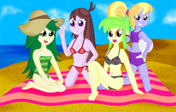 Size: 4519x2885 | Tagged: safe, artist:cyber-murph, character:cherry crash, character:cloudy kicks, character:velvet sky, g4, my little pony:equestria girls, ass, background human, beach, belly button, bellyring, bikini, breasts, busty cherry crash, busty velvet sky, cherry crash, cleavage, clothing, cloudy kicks, ear piercing, earring, female, hand on hip, hat, jewelry, looking back, midriff, piercing, rear view, sports bra, sports shorts, sweet leaf, swimsuit, towel, velvet sky, volleyball