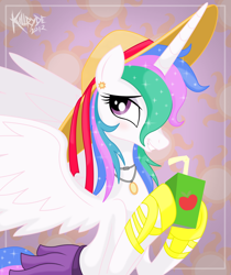 Size: 2124x2532 | Tagged: safe, artist:killryde, character:princess celestia, alternate hairstyle, blushing, clothing, cute, cutelestia, female, hat, high res, juice box, necklace, skirt, solo, sun hat