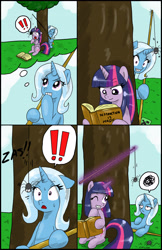 Size: 2142x3303 | Tagged: safe, artist:ciriliko, character:trixie, character:twilight sparkle, species:pony, species:unicorn, comic, creeper, female, mare, prank, spider, the tables have turned, zas