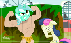 Size: 2630x1618 | Tagged: safe, artist:killryde, character:bon bon, character:lyra heartstrings, character:sweetie drops, species:human, bare chest, bon bon is not amused, carnival, clothing, facehoof, humie, photo stand-in, topless