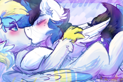 Size: 2308x1532 | Tagged: safe, artist:iroxykun, oc, oc only, oc:cirrus sky, oc:frozen soul, species:hippogriff, species:pegasus, species:pony, bedroom eyes, blushing, cute, eyes closed, freckles, gay, kissing, lying down, male, oc x oc, on back, shipping, stallion, wings