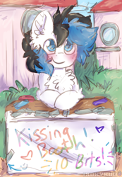 Size: 1440x2075 | Tagged: safe, artist:iroxykun, oc, oc only, oc:frozen soul, species:pegasus, species:pony, blushing, cute, kissing booth, male, outdoors, smiling, solo, stallion