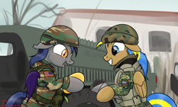 Size: 3000x1812 | Tagged: safe, artist:orang111, oc, oc only, oc:echo, oc:rack redstar, species:bat pony, species:pegasus, species:pony, g4, american flag, armor, bat wings, bipedal, body armor, camouflage, car, cute, exchange, eyes on the prize, fangs, female, floppy ears, food, grin, happy, helmet, humvee, male, mango, mare, military, military bronies, military uniform, open mouth, open smile, parody, profile, ration, requested art, russia, russian, signature, smiling, squee, stallion, sunflower seeds, trading, united states, us army, wings