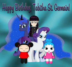 Size: 2242x2090 | Tagged: safe, artist:cyber-murph, character:princess luna, character:rarity, black lagoon, crossover, happy birthday, pucca, ringring, roberta, tabitha st. germain, tribute, voice actor