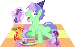 Size: 5595x3518 | Tagged: safe, artist:osipush, character:starlight glimmer, character:sunset shimmer, character:twilight sparkle, character:twilight sparkle (alicorn), oc, oc:space shift, species:alicorn, species:pony, species:unicorn, absurd resolution, blanket, cake, candle, clothing, dessert, fire, forever alone, glowing horn, happy birthday, hat, horn, i didn't listen, image macro, inkscape, magic, male, meme, open mouth, party hat, plate, plushie, raised hoof, solo, stallion, telekinesis