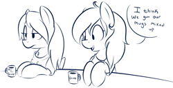 Size: 1140x582 | Tagged: safe, artist:mrrowboat, oc, oc only, oc:cumulonimbus, oc:sequoia, alternate hairstyle, bed hair, clothing, coffee, coffee mug, dialogue, lineart, monochrome, speech bubble, t-shirt