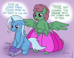Size: 1147x907 | Tagged: safe, artist:phallen1, character:trixie, oc, oc:windcatcher, species:pegasus, species:pony, species:unicorn, newbie artist training grounds, dialogue, duo, duo female, female, mare, packing, parachute, simple background