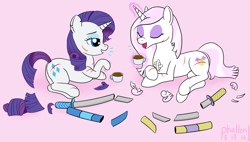 Size: 1604x911 | Tagged: safe, alternate version, artist:phallen1, character:fleur-de-lis, character:rarity, species:pony, species:unicorn, newbie artist training grounds, aftermath, bad haircut, battle damage, continuity, cut, female, gossip, implied violence, like nothing happened, mare, scabbard, sword, talking, teacup, weapon