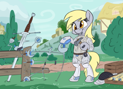 Size: 1280x926 | Tagged: safe, artist:discorded, artist:pirill, character:derpy hooves, species:pony, newbie artist training grounds, bipedal, clothing, female, fencing, ponyville, pun, solo, sword, weapon, zweihander