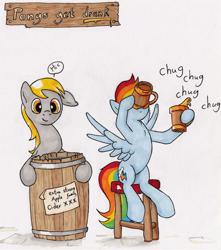 Size: 631x715 | Tagged: safe, artist:shieltar, character:derpy hooves, character:rainbow dash, species:pegasus, species:pony, barrel, cider, dialogue, female, mare, stool, traditional art, underp